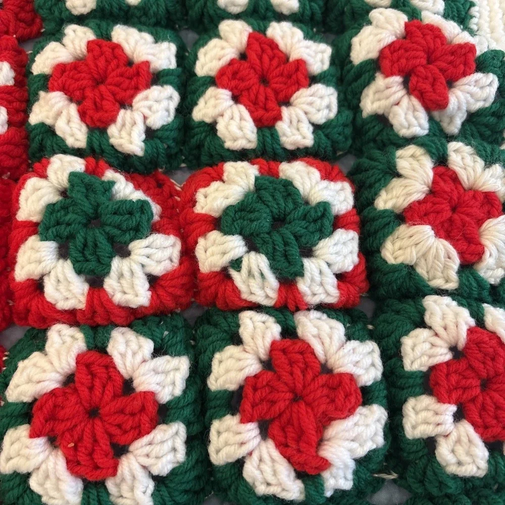 Granny Square Afghan Crochet Throw Christmas Red Green Handmade 28.5